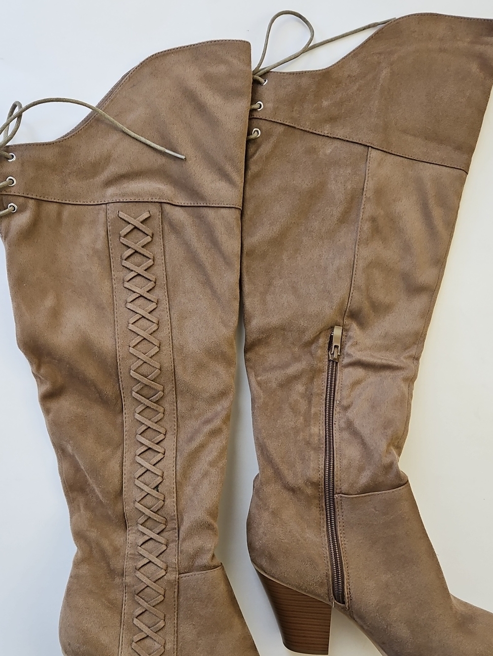NEW Journee Collection Taupe Lace-Up Knee-High Block Heel Boots - Picture 3 of 7